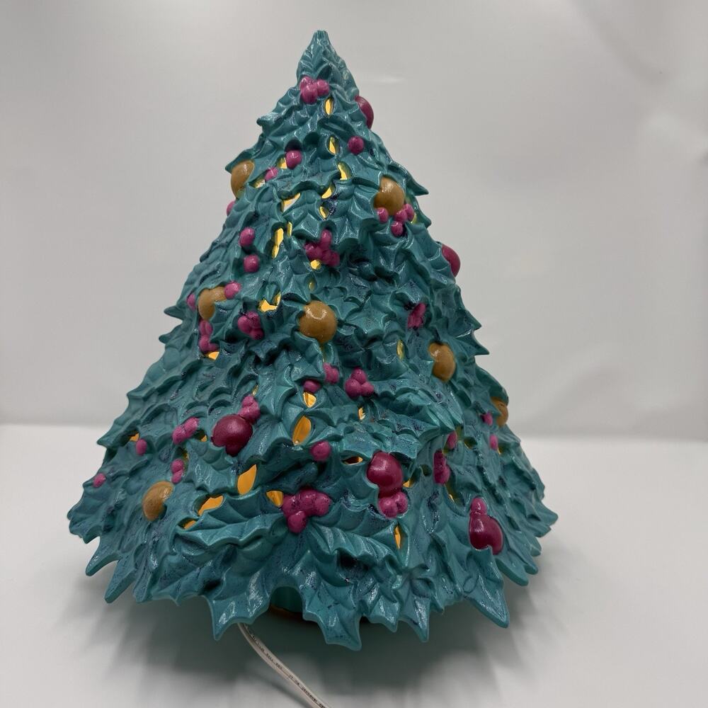 Atlantic Mold Poinsettia Christmas Tree Ceramic 15" Lighted Rare Teal Yellow Pur